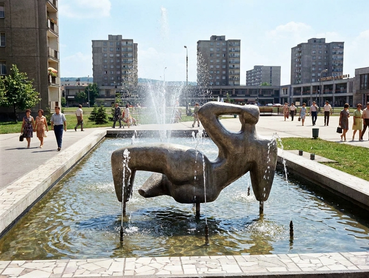 Fontána s plastikou ženy na sídlišti Hloubětín